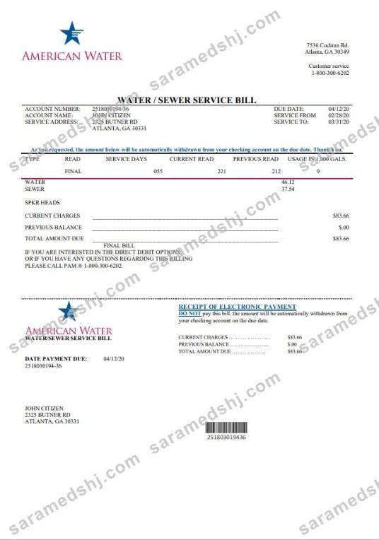 USA Georgia American Water utility bill template in Word and PDF format